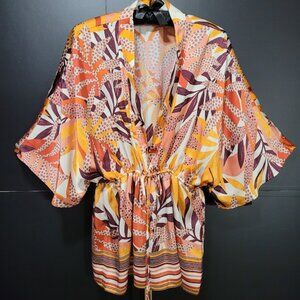 DR2 BY DANIEL RAINN Satin Print Cover Up Ruana Kimono Size L/XL Tropical Flowy